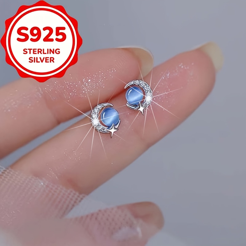 2pcs Women's S925 Silver Cat's Eye Stone Star Stud Earrings